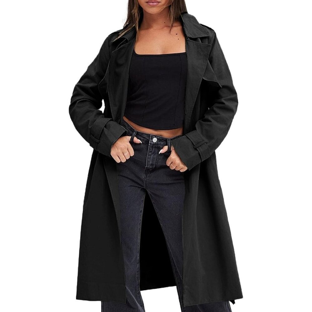 🆕Womens Black Double Breasted Causal Windproof Long Lapel Pocketed Trench Coats